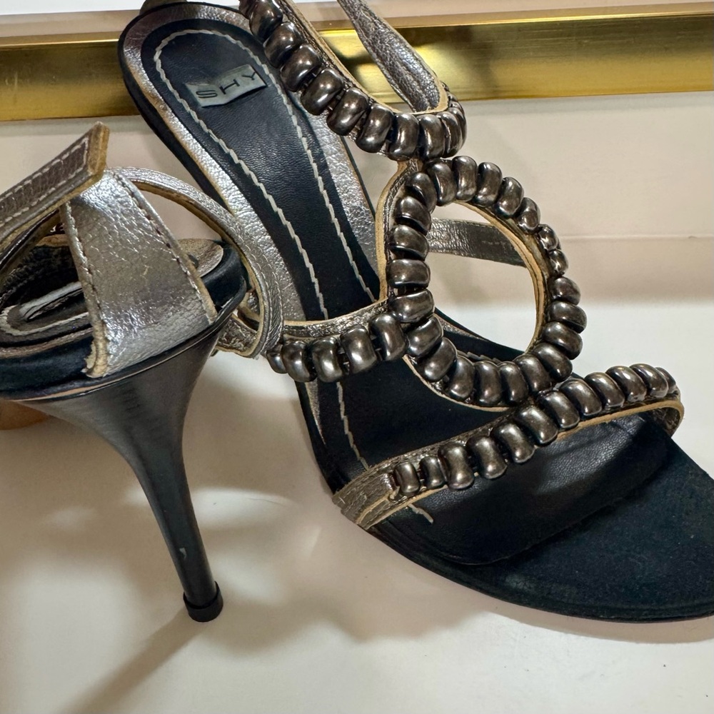 SHY Italian Handmade Beaded Stiletto Sandals Silver/Black US 7.5Vintage PreOwned